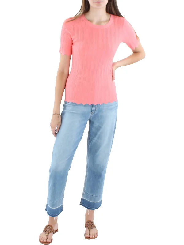 Womens Scalloped Short Sleeve Pullover Sweater Casual Formal Business