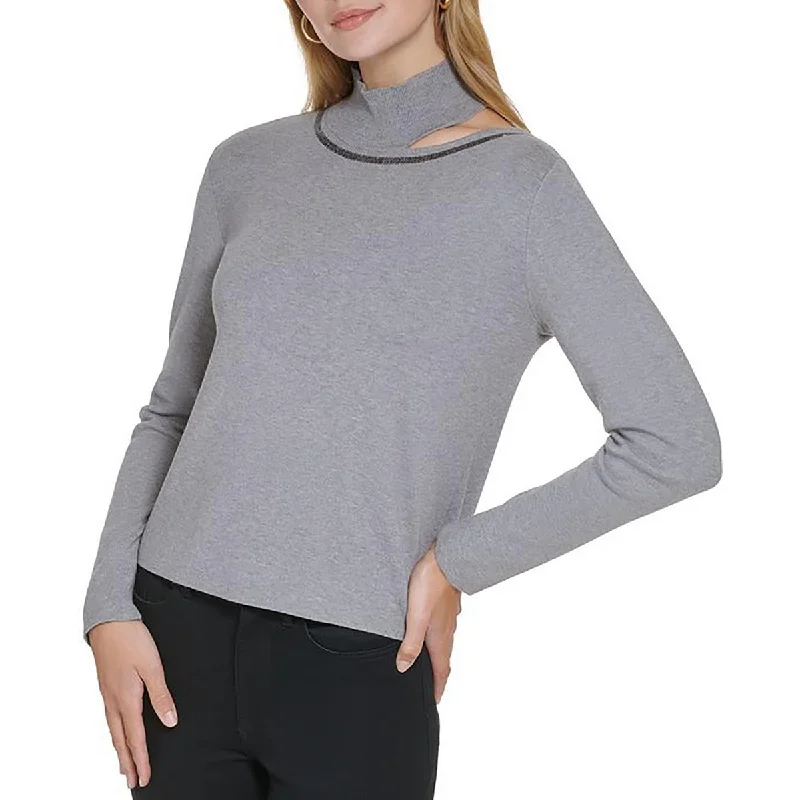 Womens Sequined Mock Neck Pullover Sweater Modern Contemporary Chic