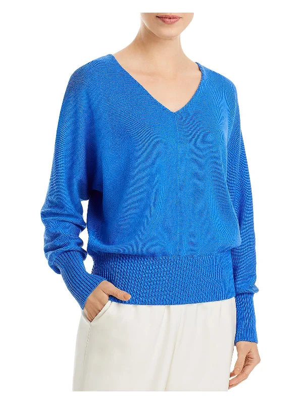 Womens Silk Blend V-Neck Pullover Sweater Solid Color Striped Floral Print
