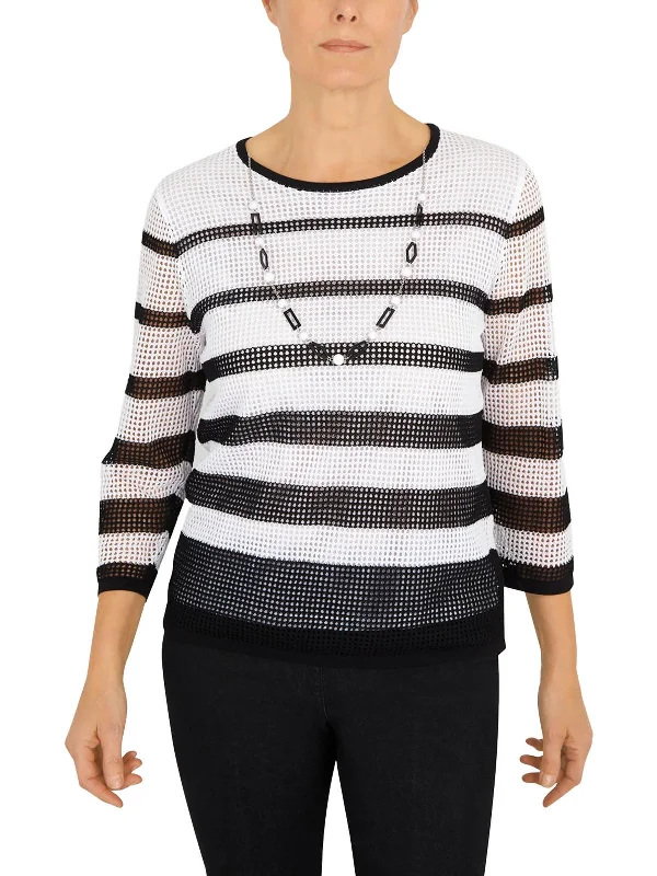 Womens Striped Viscose Pullover Sweater Welt Pockets Slit Pockets Flap Pockets
