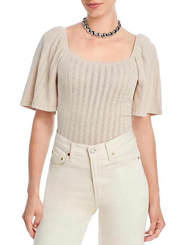Womens Textured Pullover Sweater Mesh Blend Leather Blend Suede Blend