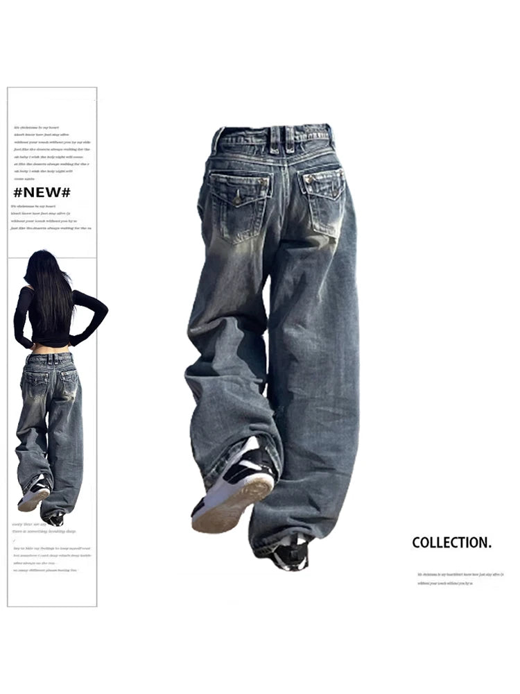 Women's Vintage Baggy Blue Jeans High Waist Denim Trousers Korean 2000s Y2k Comfortable Mid-Rise Jeans Women's Vintage Baggy Blue Jeans High Waist Denim Trousers Korean 2000s Y2k Comfortable Mid-Rise Jeans