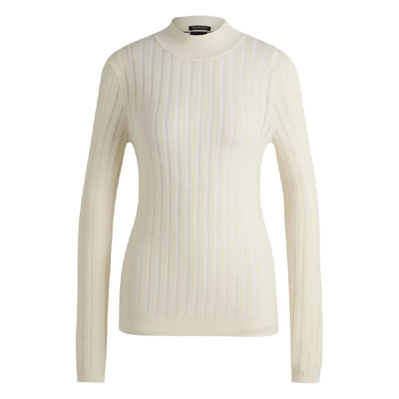 Wool sweater with structured stripes Front Pockets Side Pockets Patch Pockets