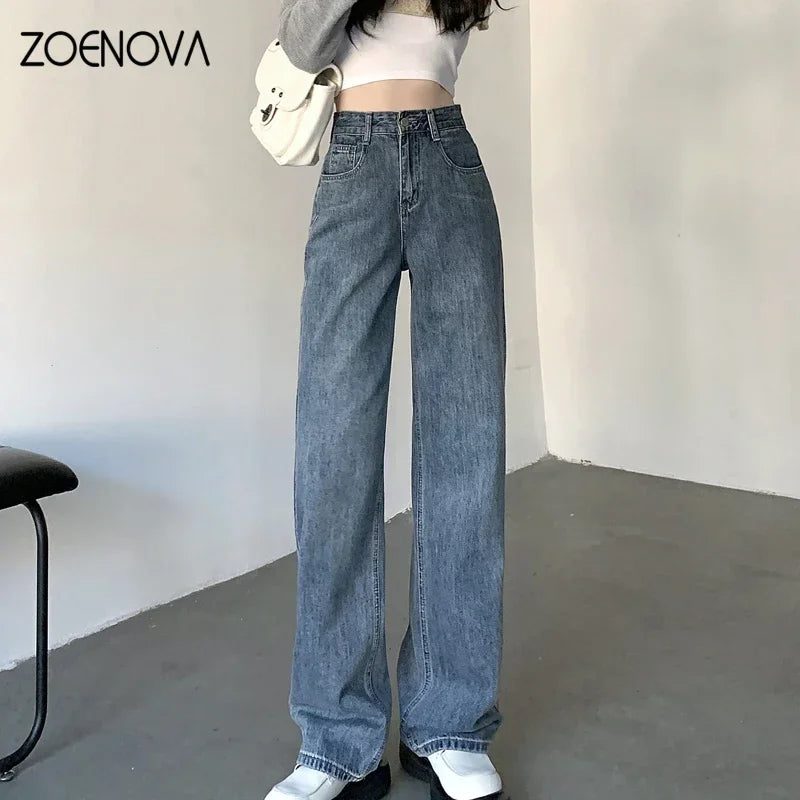 High Waisted Jeans Y2K Fashion Women Clothing Blue Black Straight Leg Denim Casual Skinny Fit Jeans
