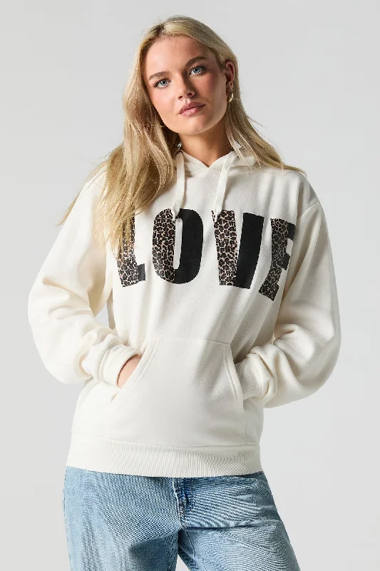 LOVE Cheetah Graphic Fleece Hoodie Hoodie with Side Slits Relaxed Casual