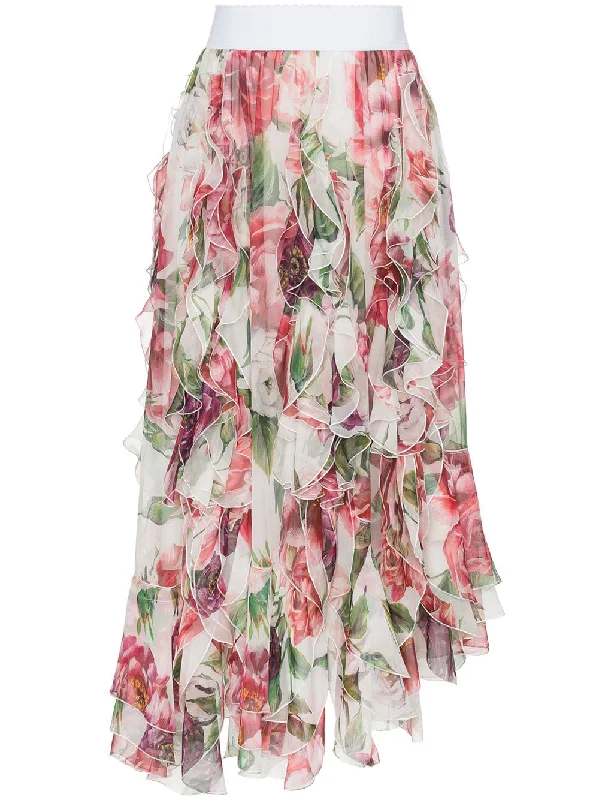 high waisted peony print ruffle silk blend skirt zip skirt side