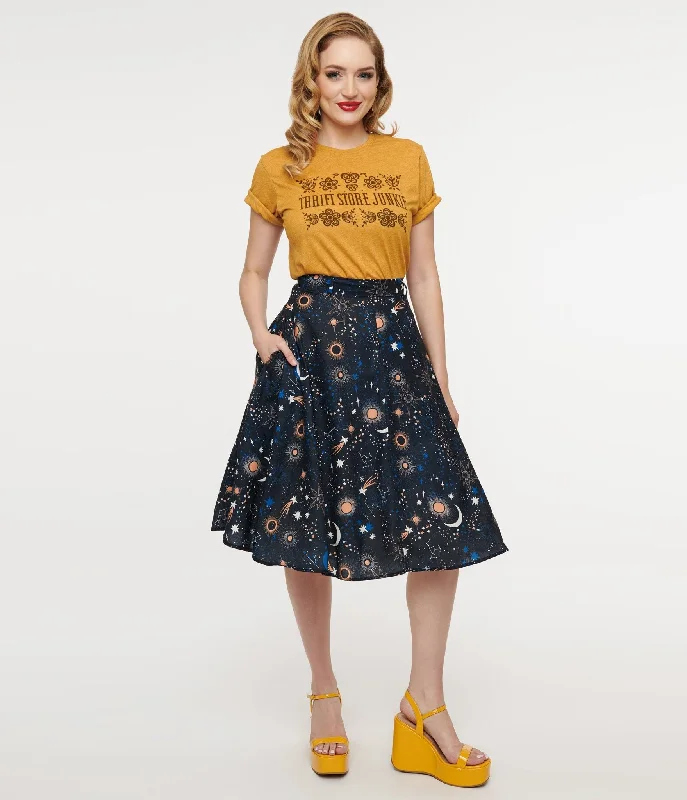 1950s Black Celestial Galaxy Print Swing Skirt high slit skirt