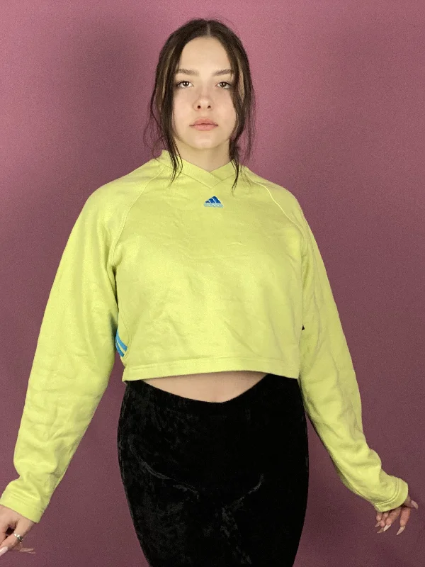 90s Adidas Vintage Girls Cropped Sweatshirt - XL Green Cotton Blend Hoodie with Earth Tones Natural Calm