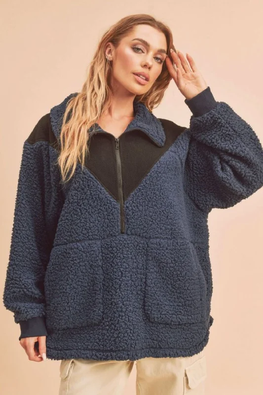 Aemi+Co Two Tone Half Zip Fleece Sweatshirt Hoodie with Hem Frayed Vintage Worn