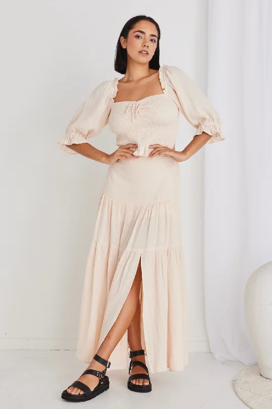 Alive Cream Muslin Elastic Back Tiered Maxi Skirt pencil skirt chic
