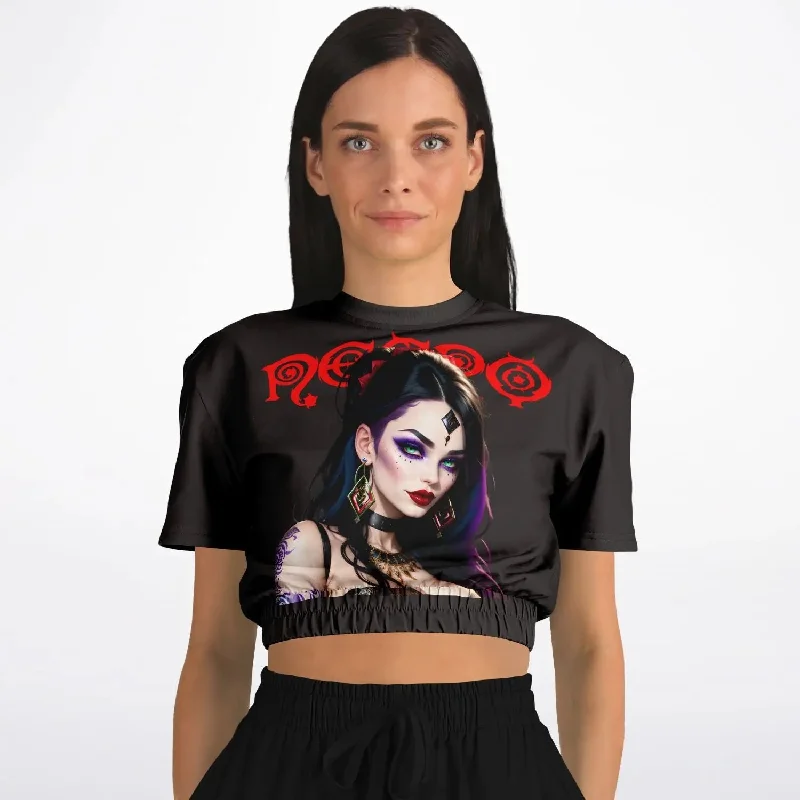 Necro - Red Logo - Evil Woman - Athletic Cropped Short Sleeve Sweatshirt Hoodie with Color Block Contrast Stylish