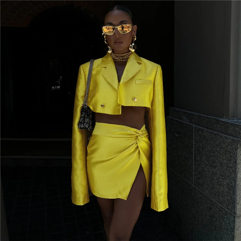 Autumn Winter Women   Collared Long Sleeve Short Blazer Slim High Waist Skirt Set vintage skirt charm