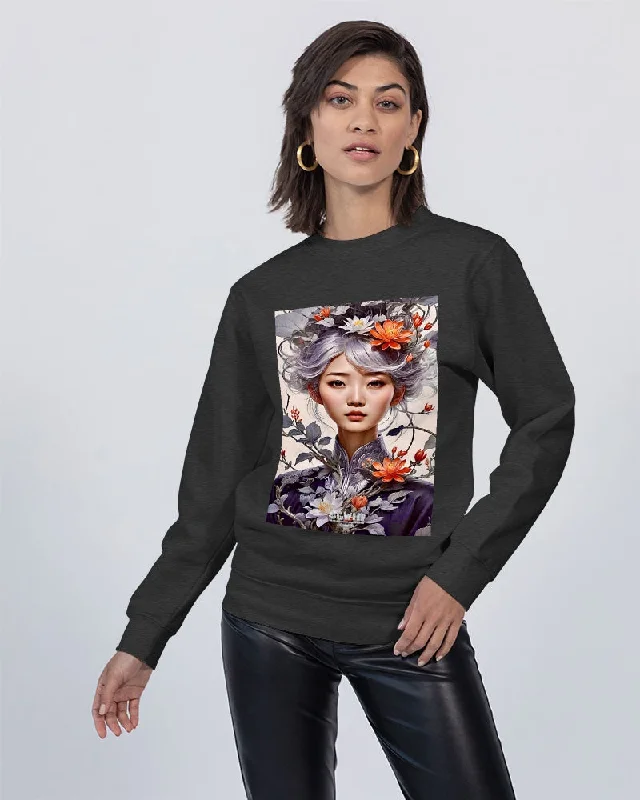 Beautiful Asian woman grey hair blossom Unisex Premium Crewneck Sweatshirt | Lane Seven Graphic Hoodie Design Print Beautiful Asian woman grey hair blossom Unisex Premium Crewneck Sweatshirt | Lane Seven Graphic Hoodie Design Print