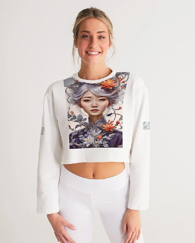 Beautiful Asian woman grey hair blossom Women's All-Over Print Cropped Sweatshirt Hoodie with Full-Zip Functional Layering Beautiful Asian woman grey hair blossom Women's All-Over Print Cropped Sweatshirt Hoodie with Full-Zip Functional Layering