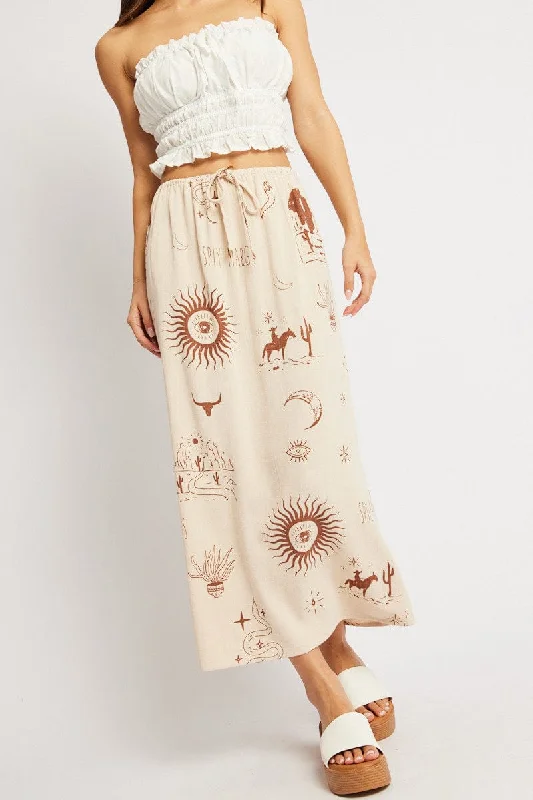 Beige Abstract Midaxi Skirt Relaxed Fit Elastic Waist cashmere skirt soft
