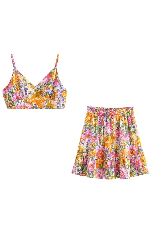 'Beth' Floral Sleeveless Top & High Waist Skirt Set chiffon skirt airy