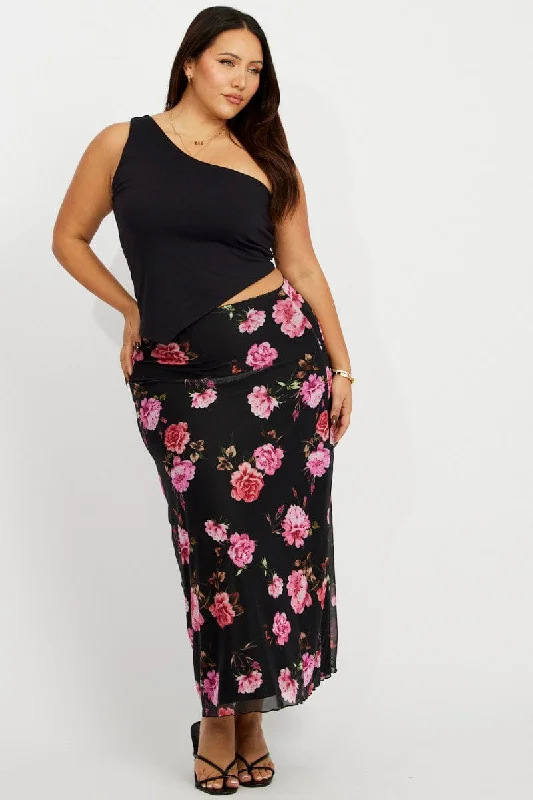 Black Floral Lace Trim Mesh Midi Skirt patchwork skirt art