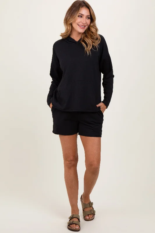 Black Hoodie Shorts Set Hoodie with Cuffed Sleeves Snug Secure
