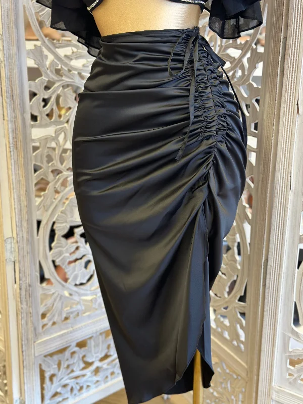 Black Ruched Satin Midi Skirt- Stretchy summer skirt style