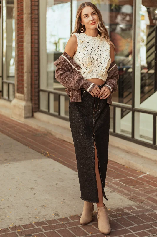 Black Washed Denim Front Slit Frayed Maxi Skirt chiffon skirt flowing