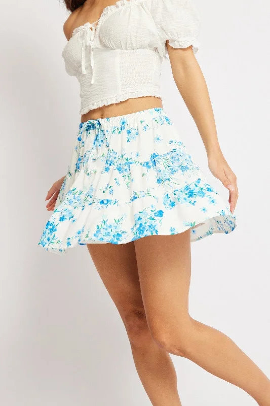 Blue Ditsy Skater Skirt High Rise Tiered Mini Lined casual skirt length