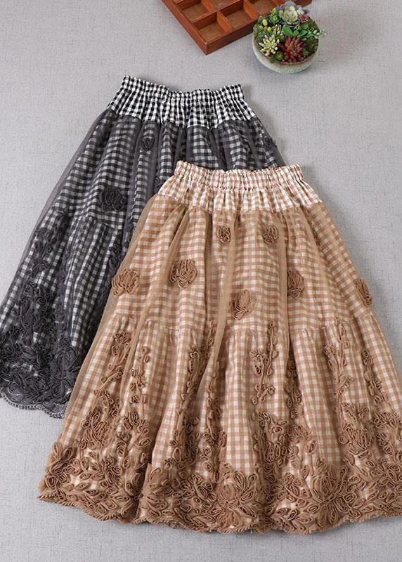 Boutique Khaki Plaid Tulle Patchwork Fall Floral Skirts relaxed fit skirt