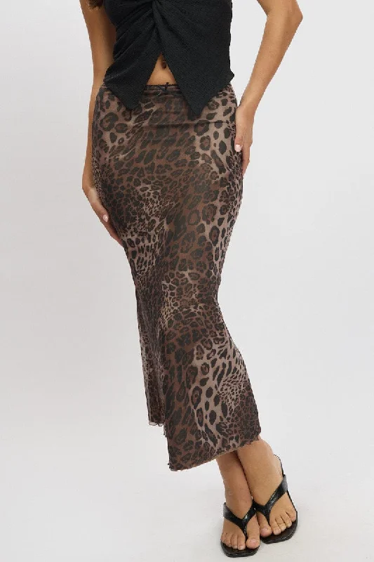 Brown Animal Print Mesh Skirt Elasticated Picot Trim Midaxi leather skirt sleek