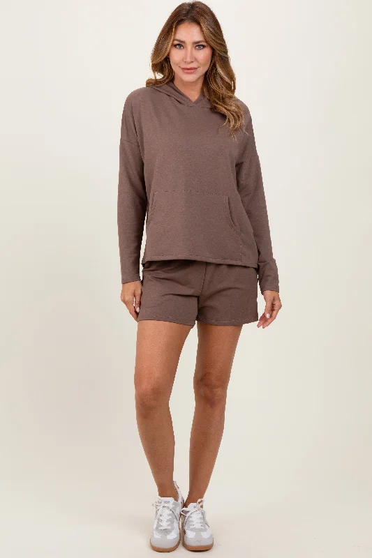 Brown Hoodie Shorts Set Hoodie with Full-Zip Functional Layering