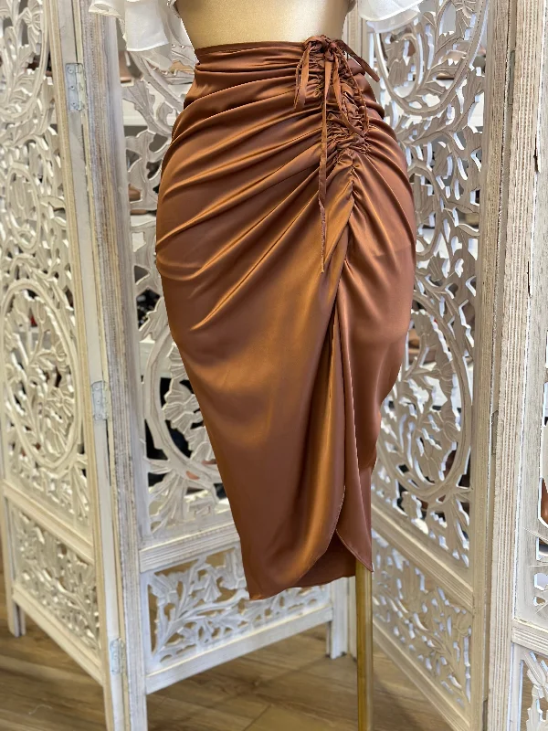 Brown Ruched Satin Midi Skirt- Stretchy belted skirt waist