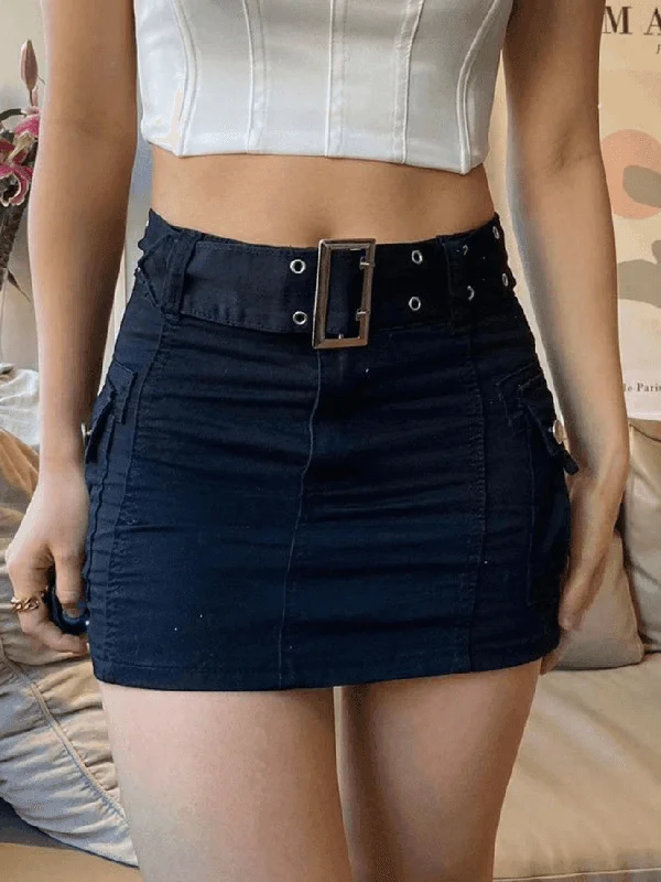Buckle Belt Denim Cargo Mini Skirt high slit skirt