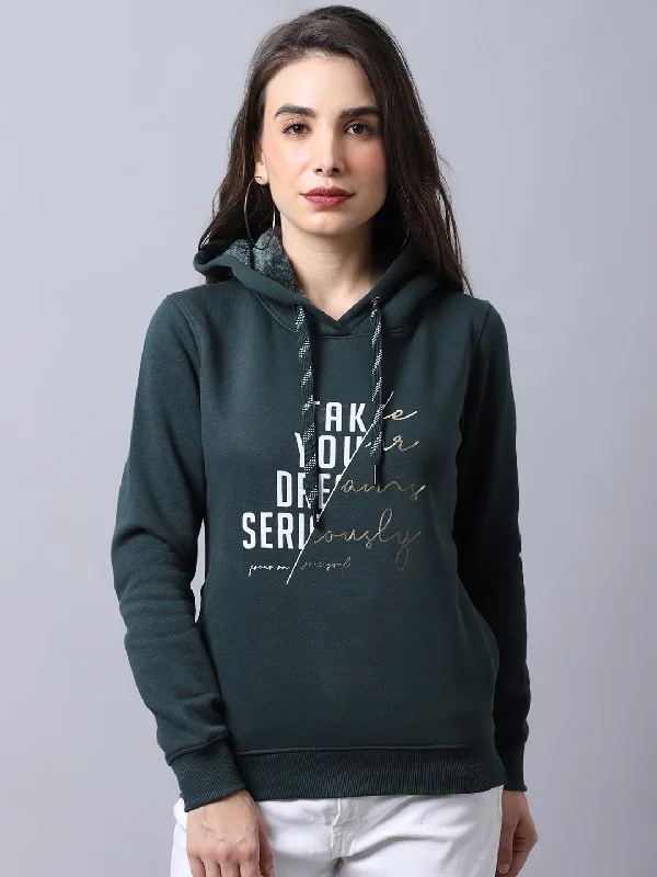 Women's Casual  Bottle Green Regular Full Sleeve Pullover Hoodie Sweatshirt Hoodie with High Neck Warm Protective