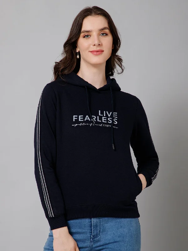 Women's Casual  Navy Blue Regular Full Sleeve Pullover Hoodie Fleece Sweatshirt Hoodie with Ribbed Hem Stretchable Secure