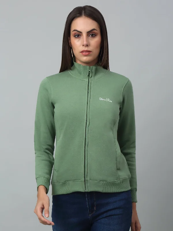 Women's Casual  Green Regular Full Sleeve Zipthru  Sweatshirt Hoodie with Embroidery Detailed Premium