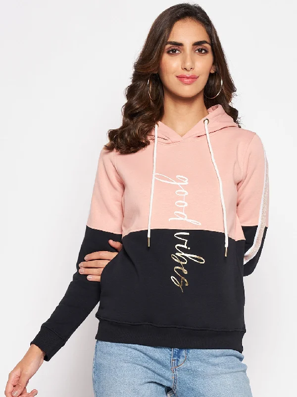 Women's Casual  Peach Regular Full Sleeve Color block Pullover Hoodie Sweatshirt Hoodie Dress Longline Feminine