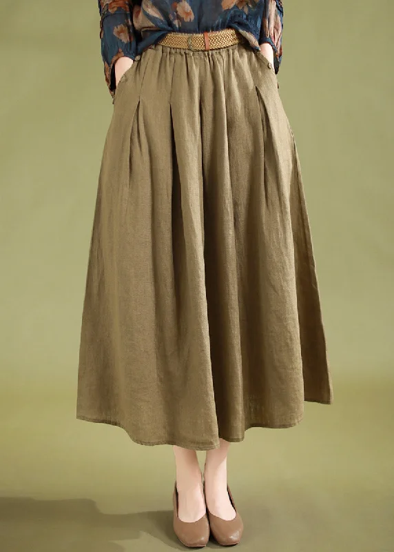 Casual Khaki Pockets High Waist Linen Skirts Summer silk skirt sleek