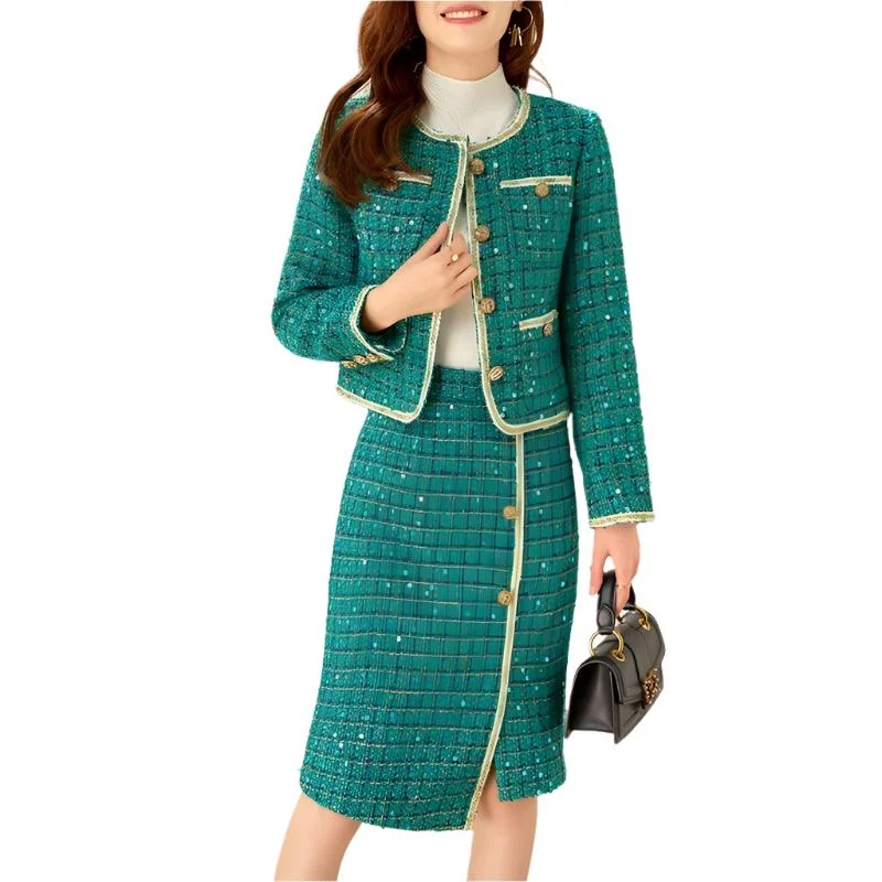 Checked Sequined Tweed Skirt Suit maxi skirt elegant
