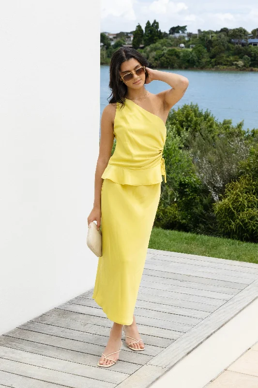 Collide Citron Satin Bias Cut Midi Skirt zip skirt side