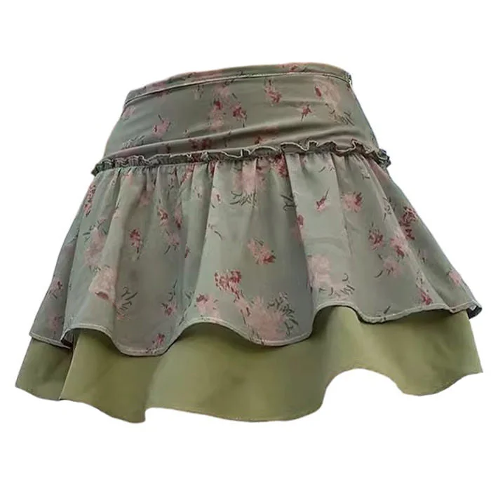 Cottagecore Aesthetic Green Floral Skirt denim skirt stylish