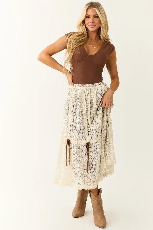 Cream Lace & Cocoa Velvet Tiered Midi Skirt with Bow Detail linen skirt airy