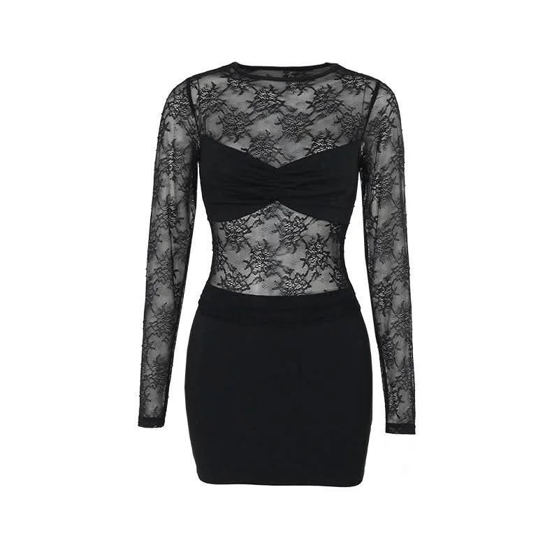 Crewneck long sleeve lace mini skirt set lace skirt elegant
