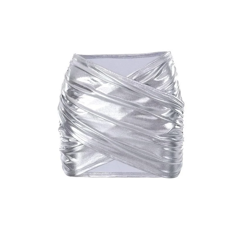 Cross front ruched metallic low rise mini skirt velvet skirt glossy