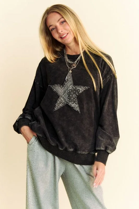 Davi & Dani Stud Star Patch Acid Washed Sweatshirt Hoodie with Zipper Placket Modern Functional