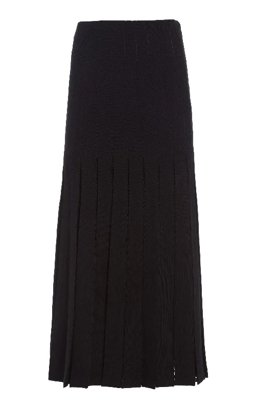 Debutante Knit Pleated Maxi Skirt in Black Merino Wool zip skirt side