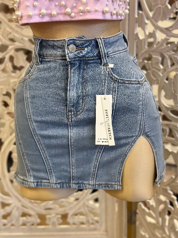 Denim Slit Mini Skirt- Stretchy denim skirt trendy