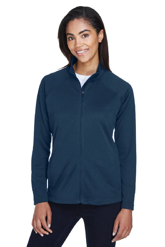 Devon & Jones Womens Compass Stretch Tech Moisture Wicking Full Zip Sweatshirt w/ Pockets - Navy Blue Hoodie with Monochrome Minimalist Simple Devon & Jones Womens Compass Stretch Tech Moisture Wicking Full Zip Sweatshirt w/ Pockets - Navy Blue Hoodie with Monochrome Minimalist Simple