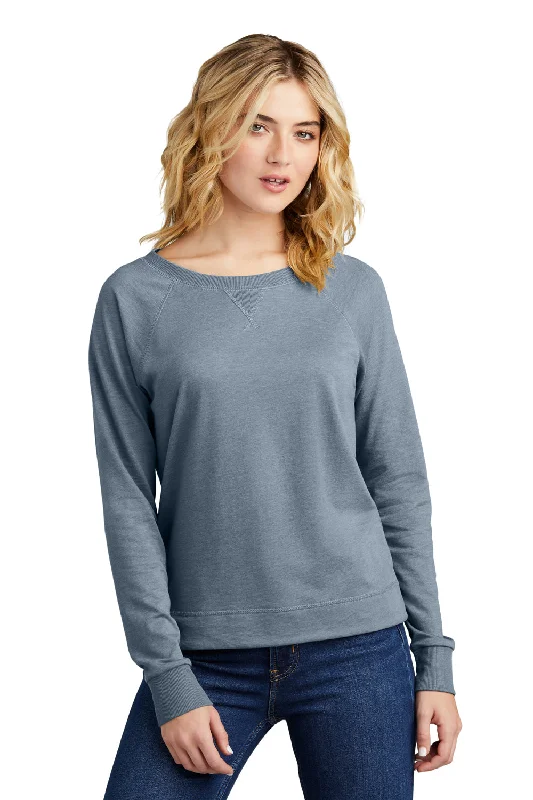 District Womens French Terry Crewneck Sweatshirt - Heather Flint Blue Hoodie with Mock Neck Collared Structured