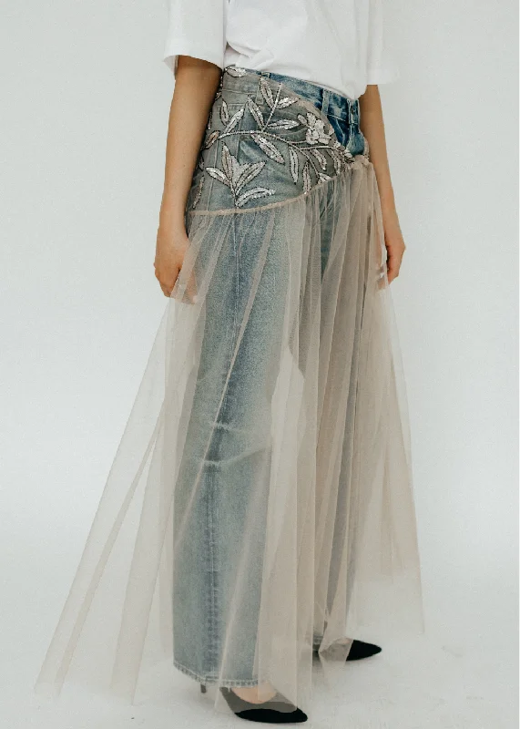 Elizabeth Nude Beaded Saddle Wrap Skirt chiffon skirt floaty