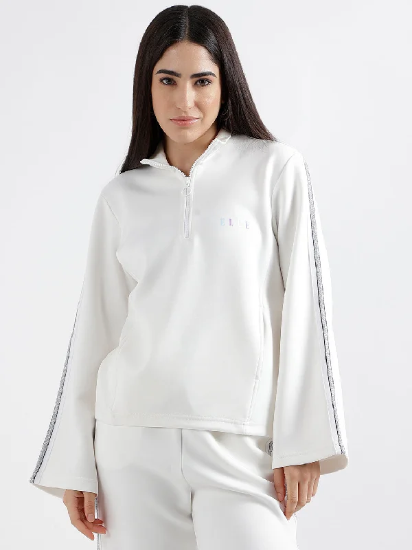 Elle Women White Solid High Neck Full Sleeves Pullover Style Sweatshirt Hoodie with Neon Bright Vibrant Elle Women White Solid High Neck Full Sleeves Pullover Style Sweatshirt Hoodie with Neon Bright Vibrant