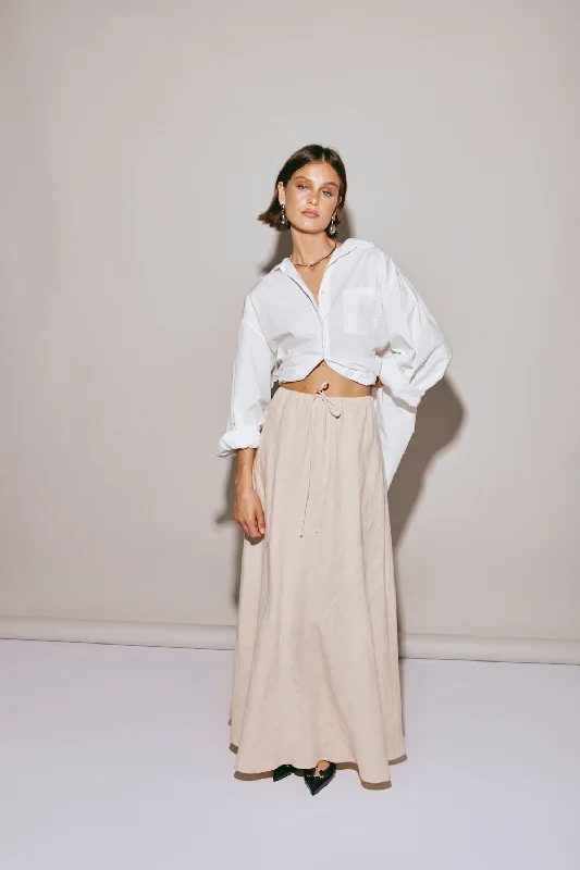 Elodie Linen Maxi Skirt Oatmeal flowy skirt hem
