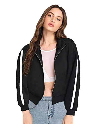 Fabricorn Women's Fleece Collared Neck Sweatshirt (SS03_Blk_Slv1WhtStripe_P_Black Hoodie with Batwing Sleeves Loose Dramatic